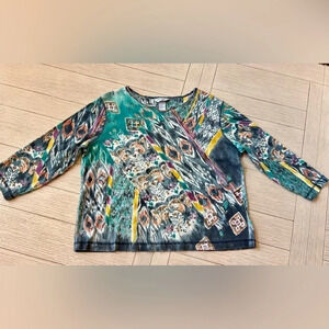 City Blues by Koret top. Navy‎ and turquoise and gold. Size L. 100% cotton